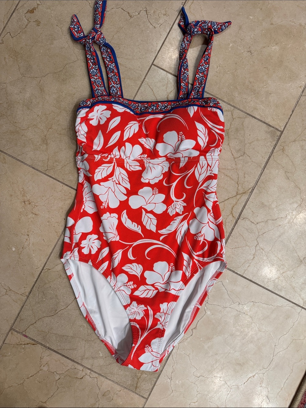 Tommy Bahama Red and White Floral One-Piece Swimsuit with Tie Straps